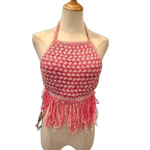 Marco Rambaldi Ssense Pink Crochet Halter Top Fringe Hem NEW NWT L Cotton Linen